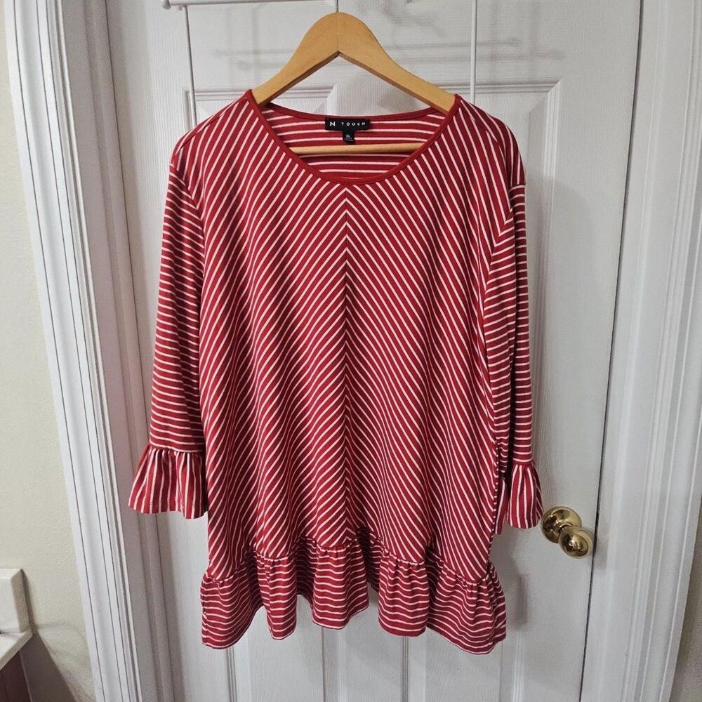 N Touch Women's Red and White Striped Ruffle Hem Long Sleeve Top, Size XL